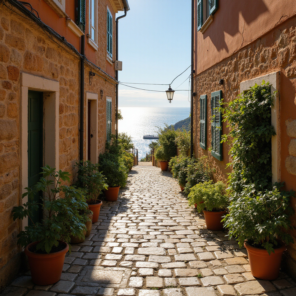Uliczka w Rovinj z widokiem na morze i zabytkowe kamienice
