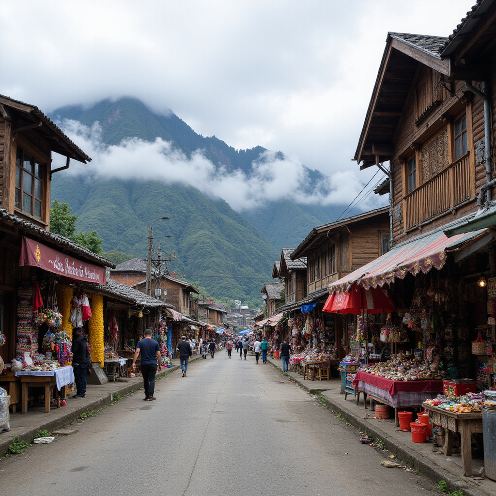 Ulica w Sapa z lokalnymi straganami i górami w tle