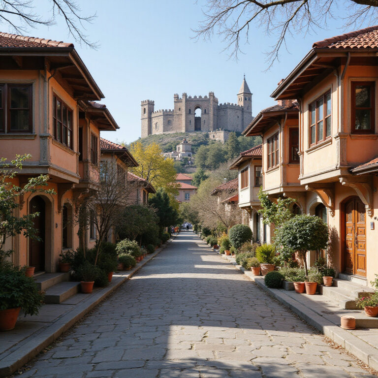 Widok na ulicę w Ankarze z tradycyjnymi domami i zamkiem w tle