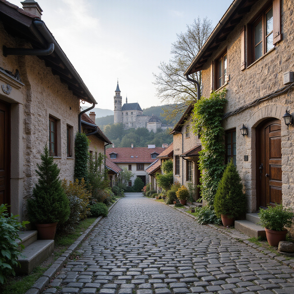 Brukowana uliczka na Starym Mieście w Cēsis z kamienicami i zamkiem w tle