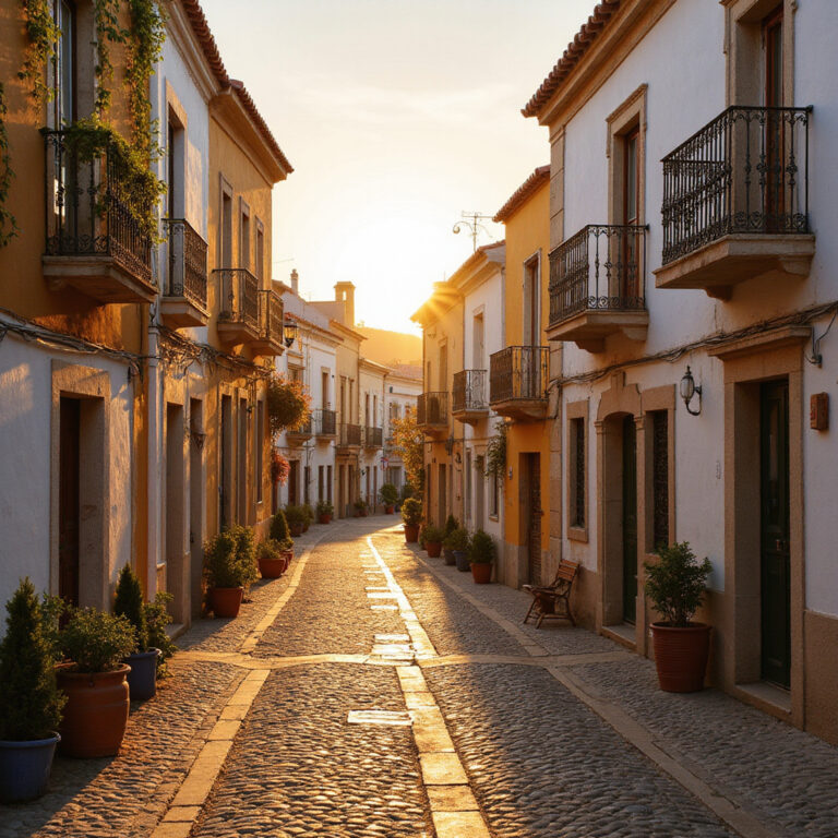 Urokliwe uliczki Faro w świetle zachodzącego słońca, idealne do zwiedzania na własną rękę