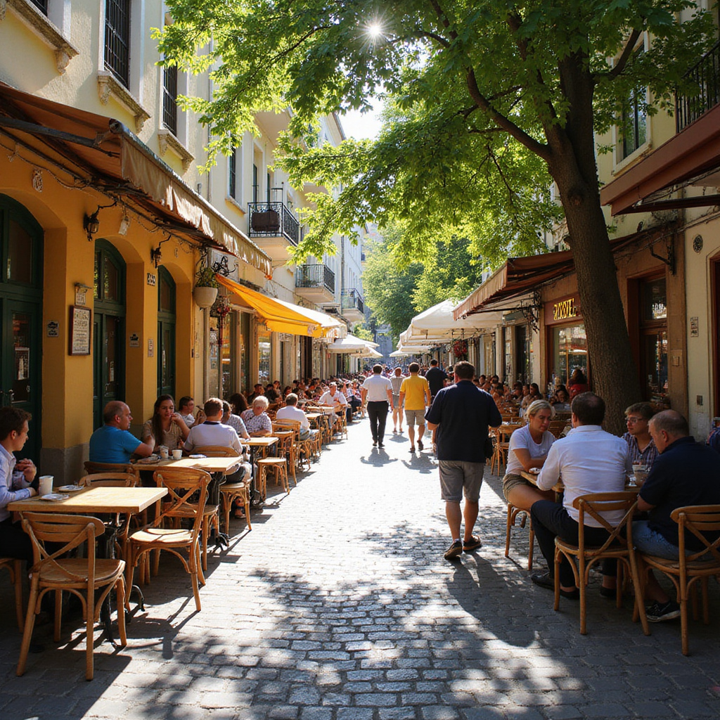 Ulica w Patras z kawiarnią, gdzie mieszkańcy piją kawę i rozmawiają