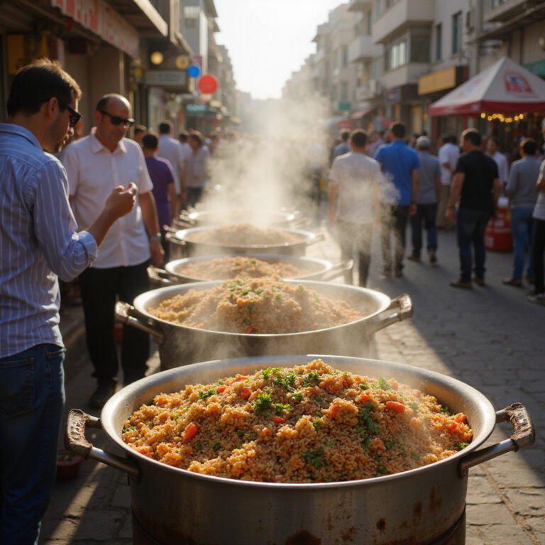 Uliczne stragany z koshari w Aleksandrii, tradycyjne danie egipskie