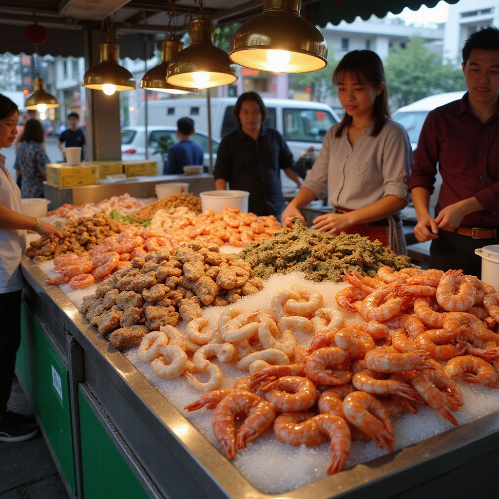 Uliczny stragan z owocami morza w Bangkoku, świeże krewetki i kalmary