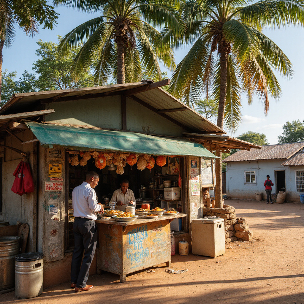 Uliczny stragan z kenijskim street foodem w cieniu palm