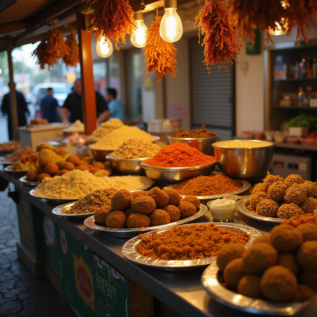 Uliczny stragan z falafelem w Aleksandrii, aromatyczne i kolorowe jedzenie