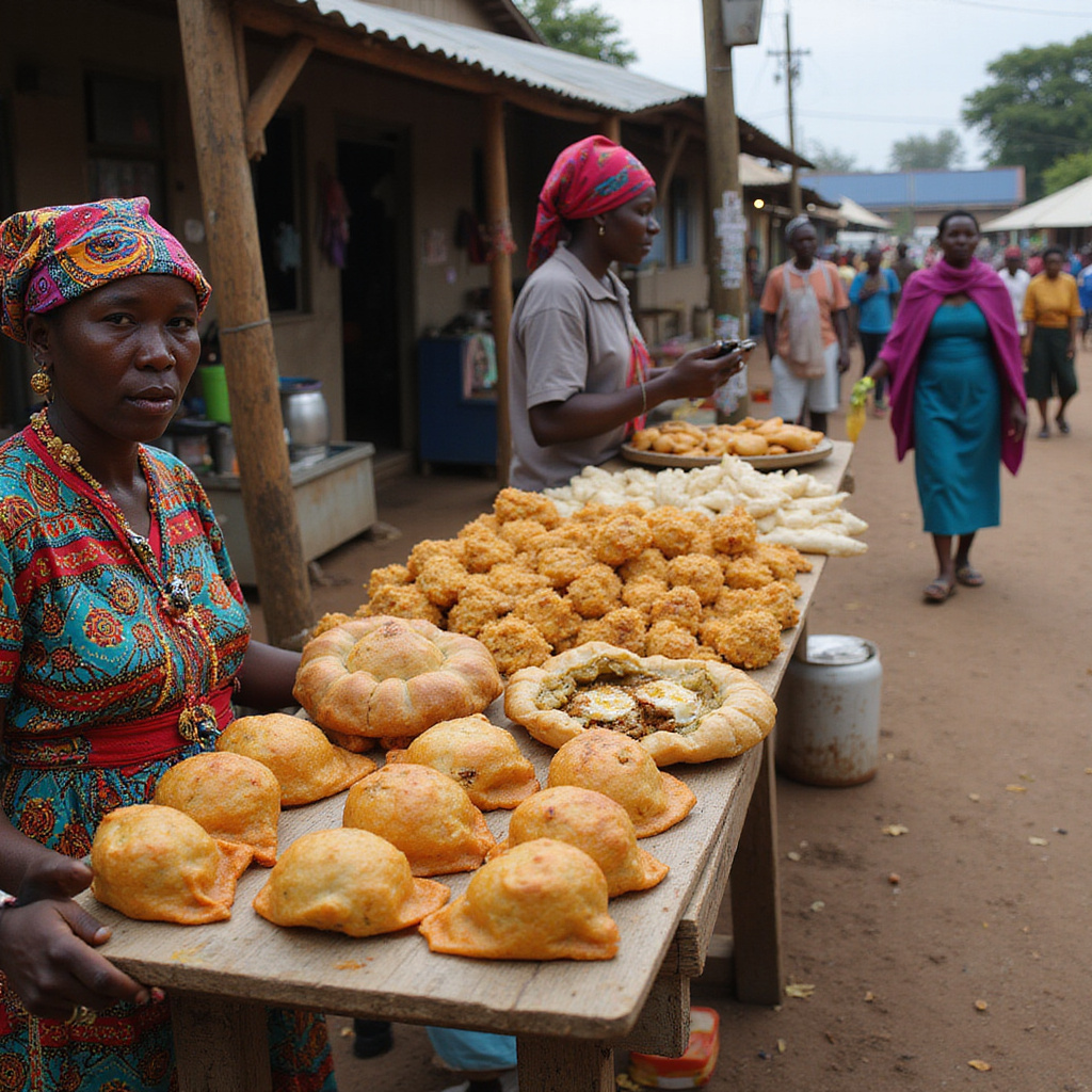Uliczny stragan w Nanyuki z kolorowymi samosami i mandazi, tętniący życiem rynek kenijski