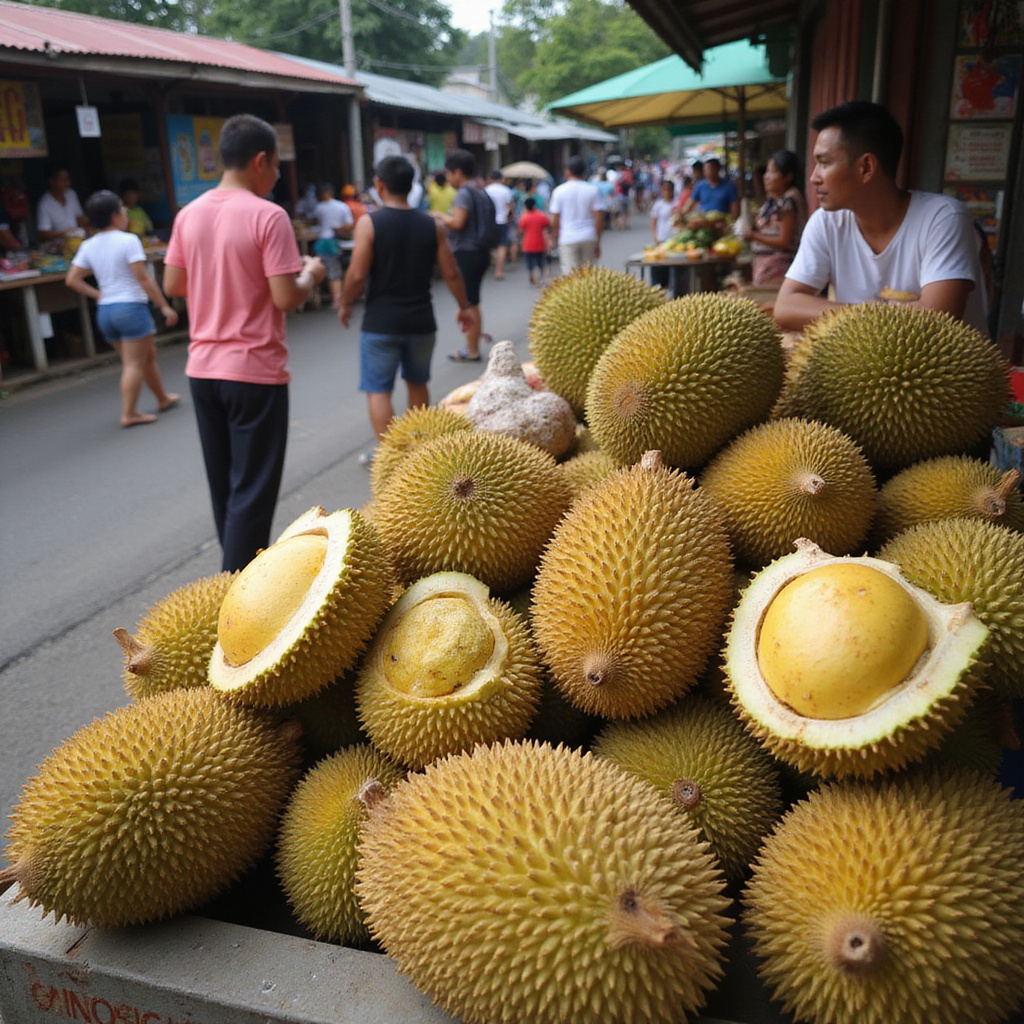 Uliczny stragan z owocami duriana w Davao, lokalne targowisko z egzotycznymi owocami
