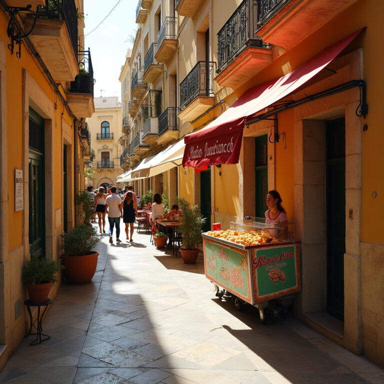 Uliczka w Valletcie z lokalnym straganem serwującym pastizzi, Malta street food