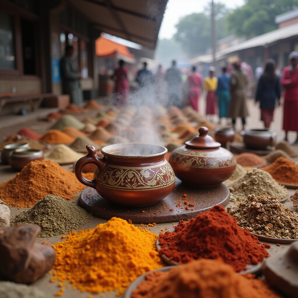 Rytuał parzenia chai w Kenii na tle ulicznego targu z przyprawami