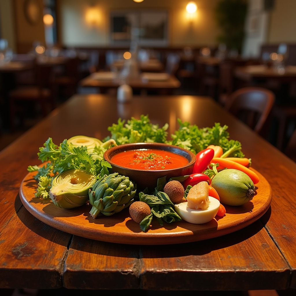 Stół z warzywami i sosem Bagna Càuda w stylowej restauracji