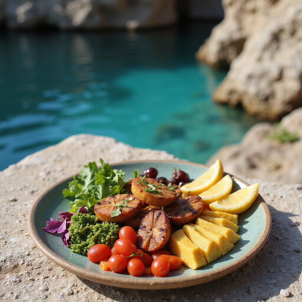 Wegańskie jedzenie Comino na tle Błękitnej Laguny, świeże owoce i warzywa