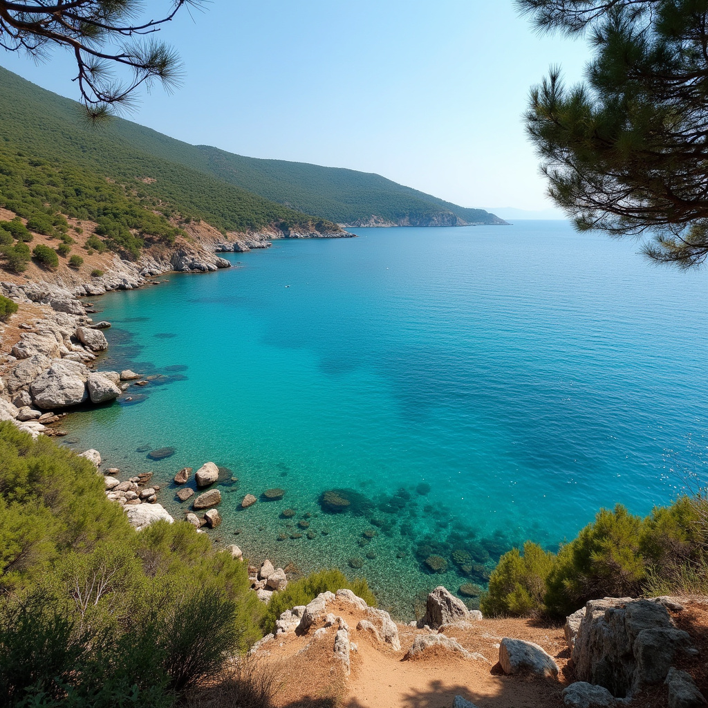Widok na turkusowe morze z rowerowej trasy w okolicach Polis Chrysochous