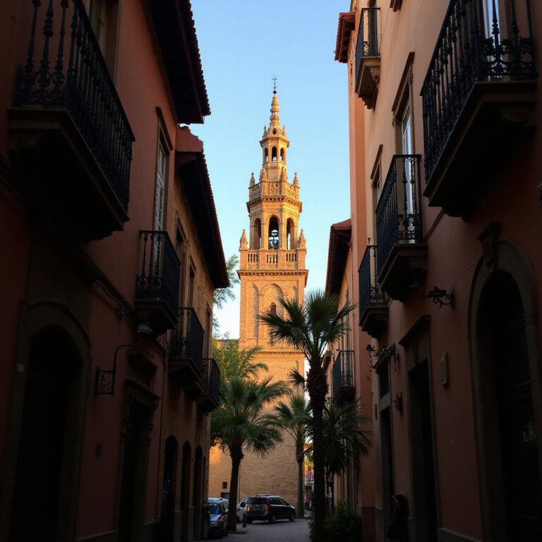 Giralda Sewilla historia minaretu widziana z wąskiej uliczki w cieniu palm