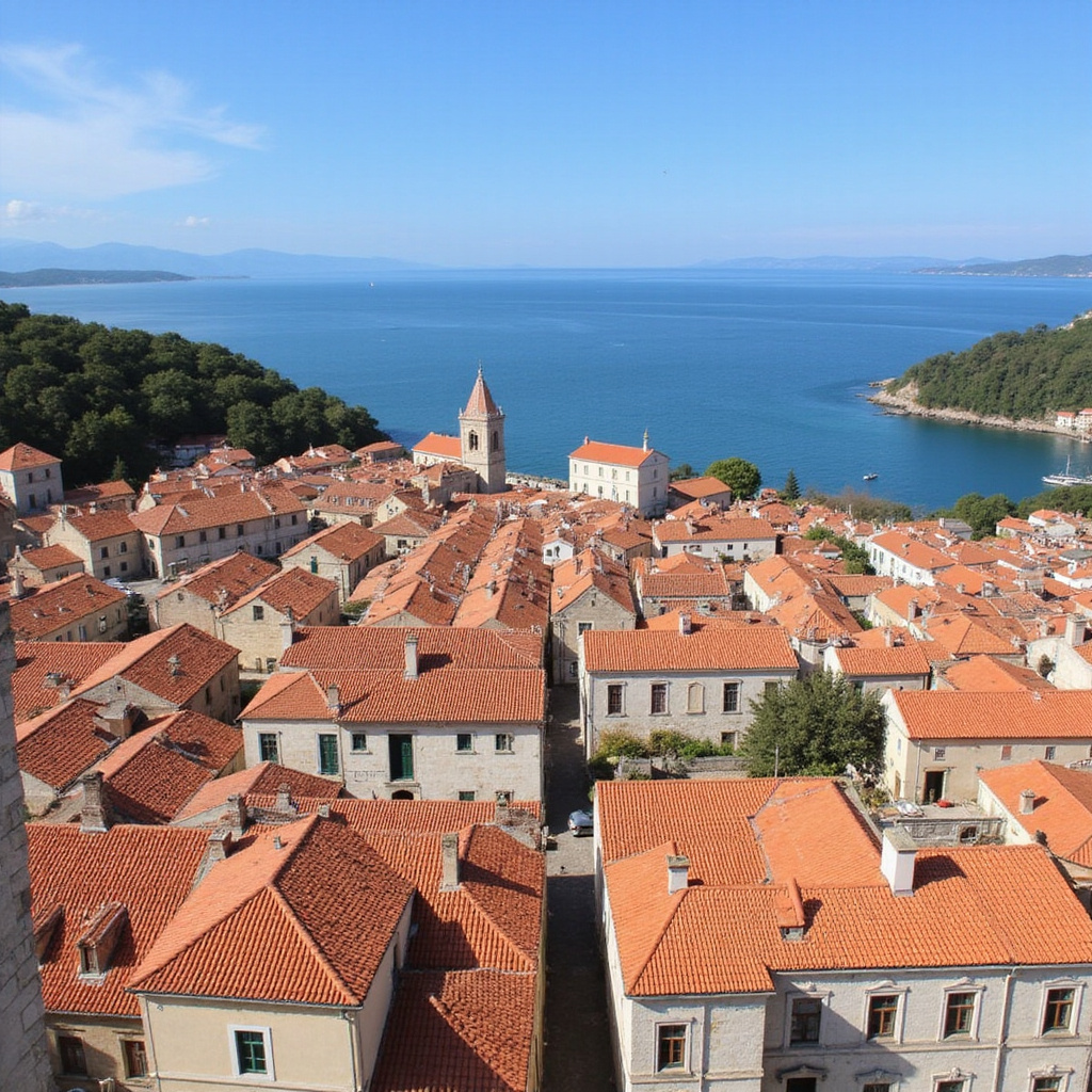 Widok na stare miasto Korčuli z wieży Domu Marco Polo, Adriatyk w tle