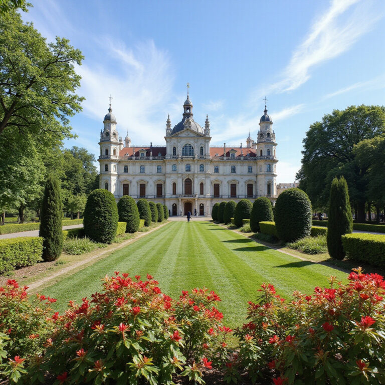Widok na Pałac Królewski w Madrycie z zielonymi ogrodami w tle, majestatyczna architektura