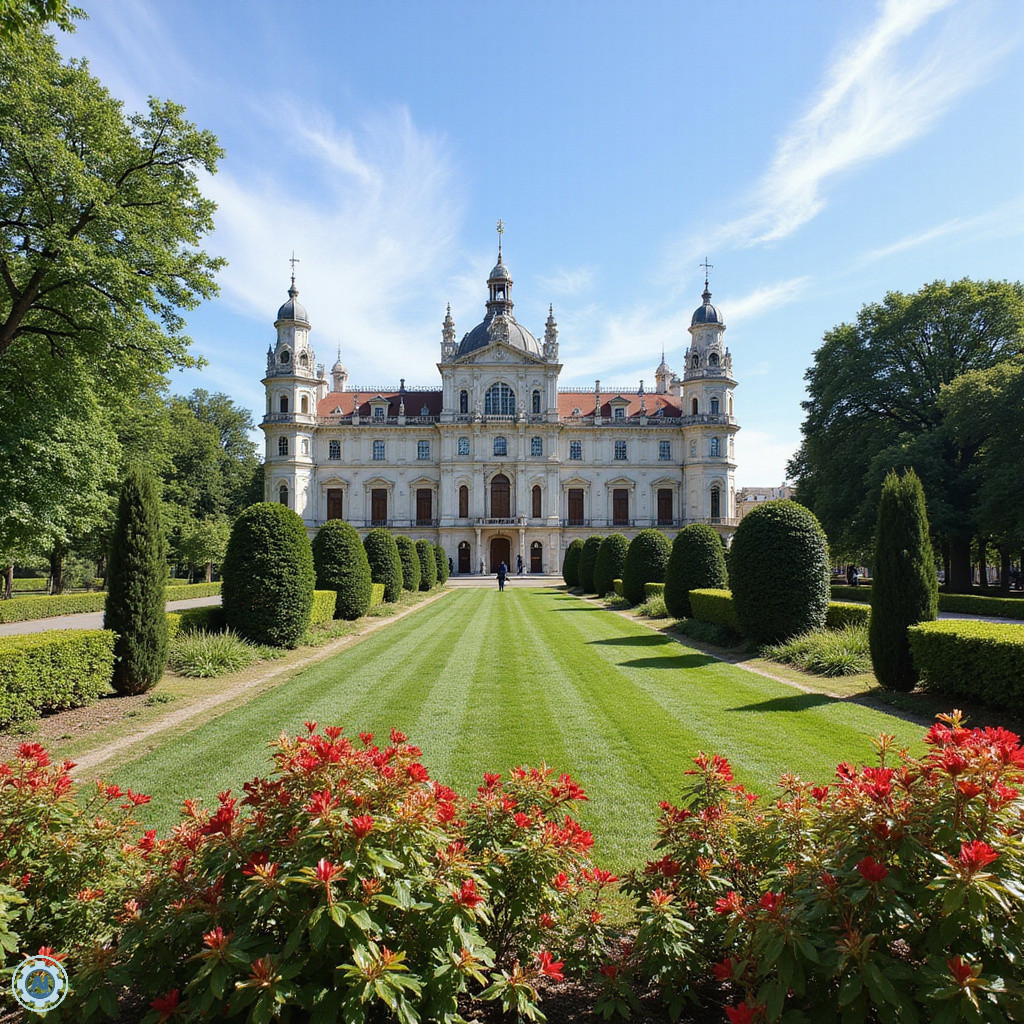 Widok na Pałac Królewski w Madrycie z zielonymi ogrodami w tle, majestatyczna architektura