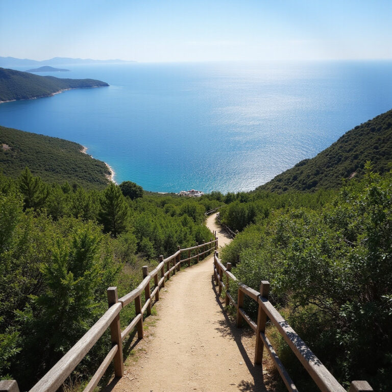 Widok na szlak hikingowy Pelion z bujną roślinnością i morzem w tle