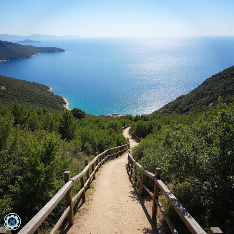 Widok na szlak hikingowy Pelion z bujną roślinnością i morzem w tle
