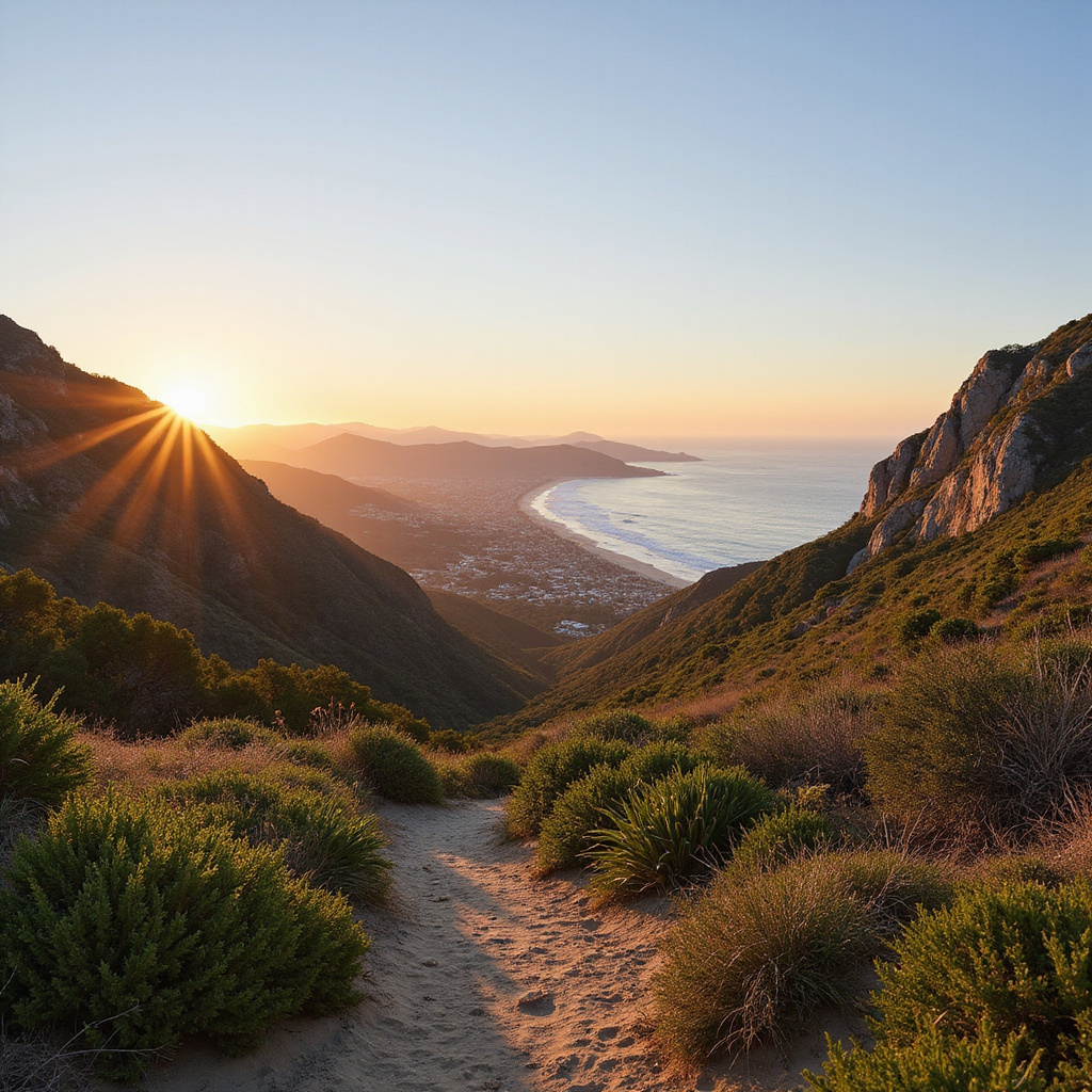 Widok na szlak w Santa Monica Mountains z panoramą oceanu i gór