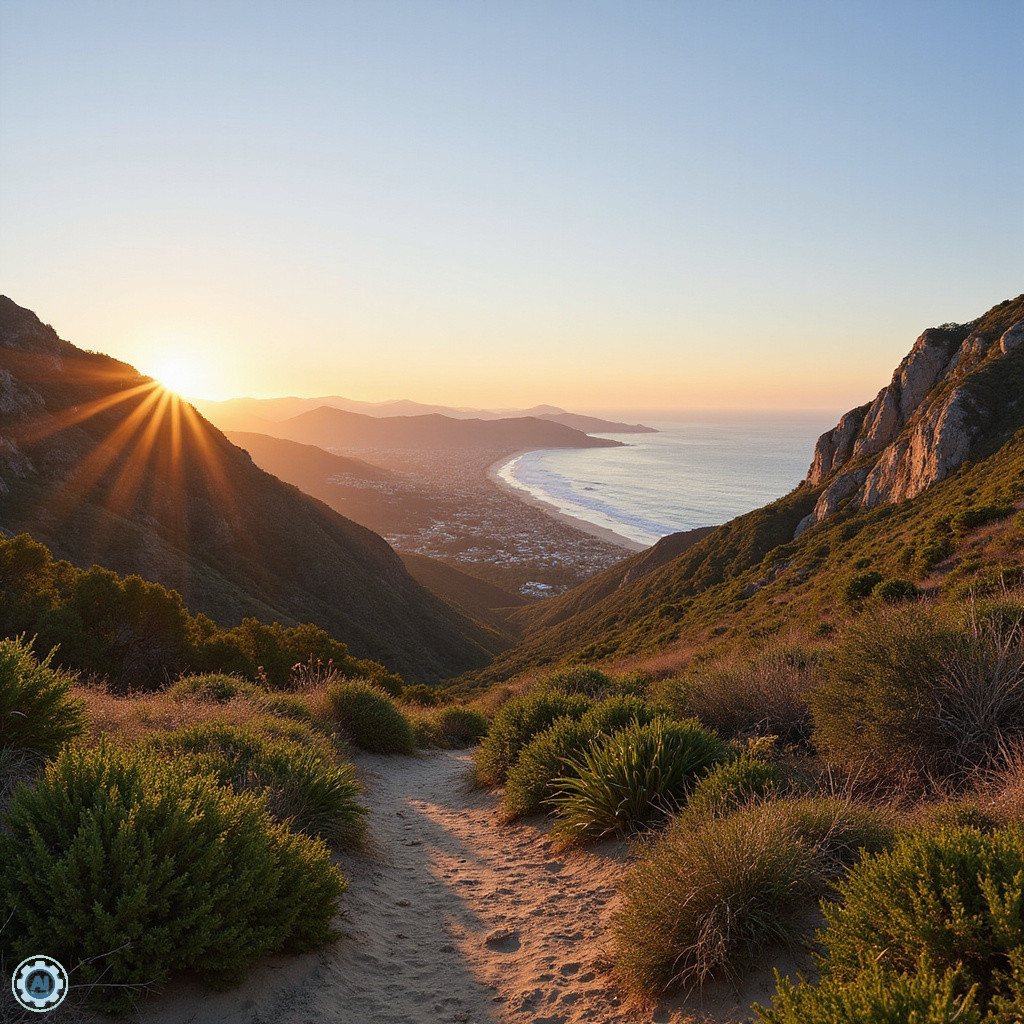 Widok na szlak w Santa Monica Mountains z panoramą oceanu i gór