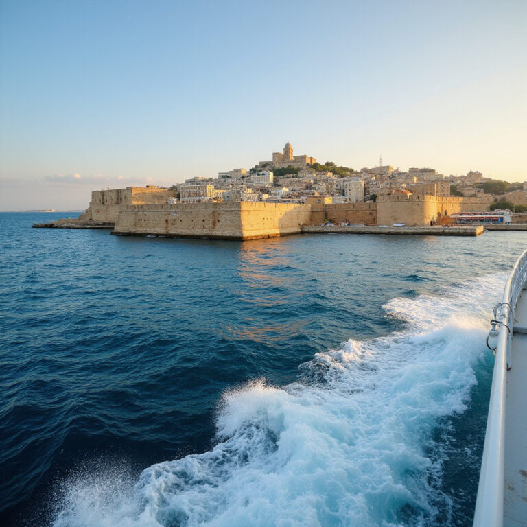 Widok na Vallettę z pokładu promu przez Grand Harbour, maltańskie fortyfikacje i błękitne morze