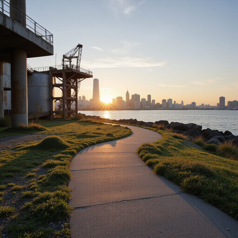 Industrialna trasa spacerowa Kishamichi z widokiem na zatokę Yokohama i wieżowce Minato Mirai 21