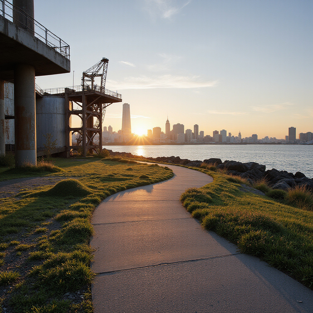 Industrialna trasa spacerowa Kishamichi z widokiem na zatokę Yokohama i wieżowce Minato Mirai 21