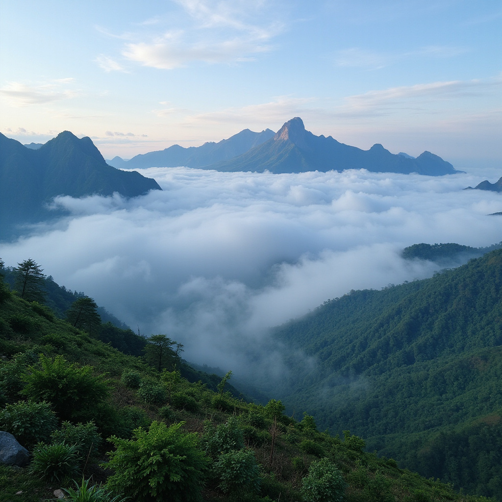 Widok na Fansipan kolejką linową z doliny, góry i chmury