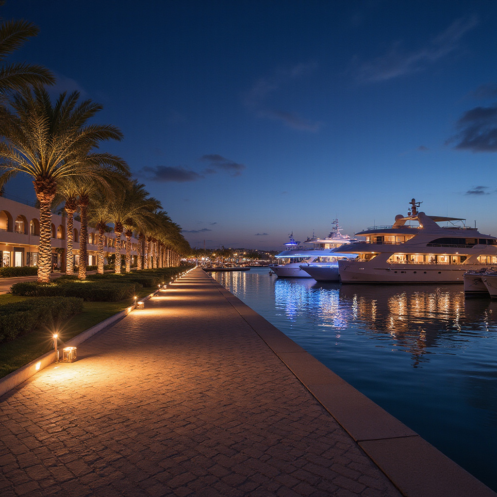 Oświetlona promenada w Port Ghalib z widokiem na marinę i jachty