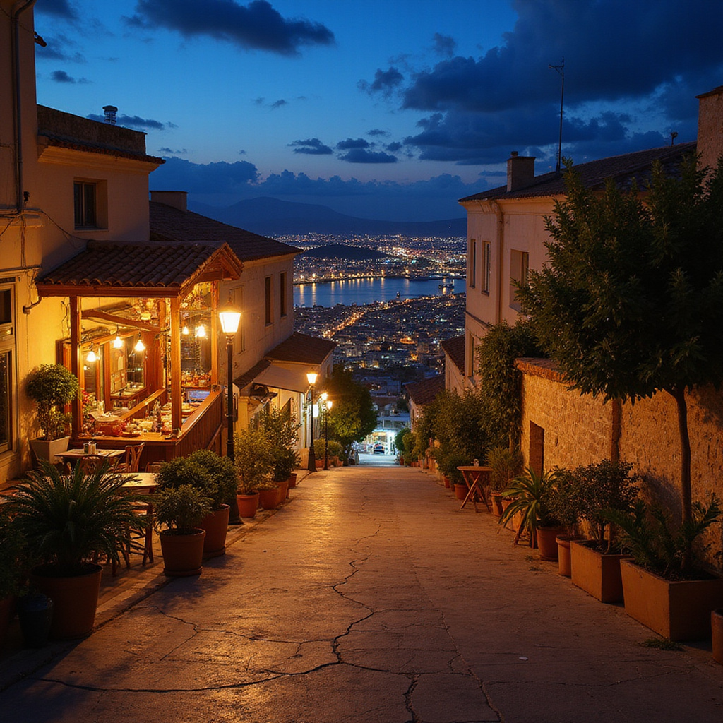 Ulica w Nikozji prowadząca do restauracji z panoramą, wieczorna atmosfera i miejskie światła