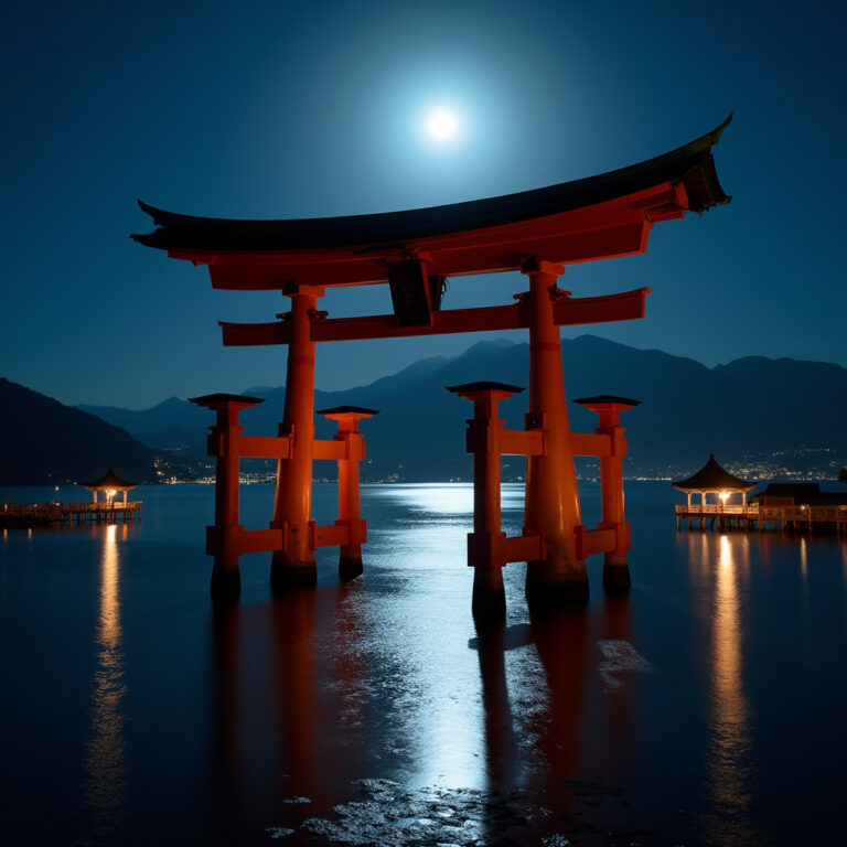 Wielka Brama Torii na Miyajimie nocą, oświetlona światłem księżyca i latarni, z odbiciem w wodzie