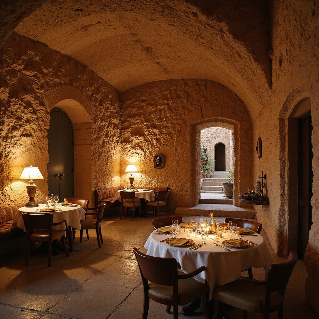 Wnętrze jaskini Ali Barbour's z kamiennymi ścianami i eleganckimi stołami