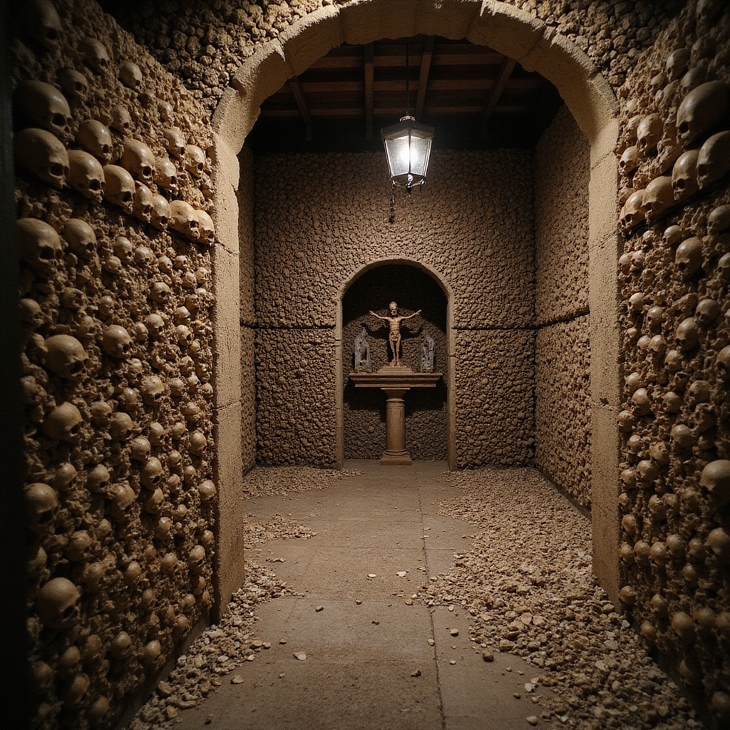 Kaplica Kości w Évorze z widocznymi ścianami pokrytymi czaszkami i kośćmi, memento mori