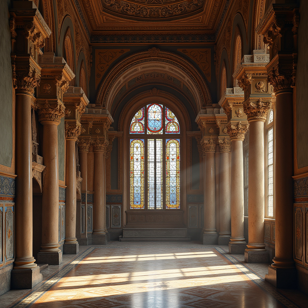 Wnętrze Pałacu Królów Manuelińskich z bogatymi zdobieniami i witrażami