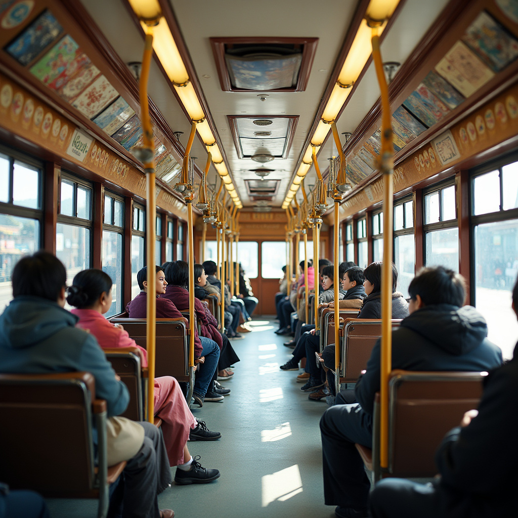 Wnętrze tramwaju w Hiroszimie z pasażerami, wygodne podróżowanie i lokalna kultura