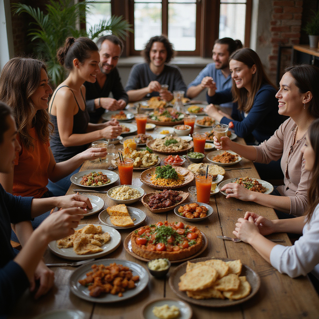 Grupa ludzi dzieląca się posiłkiem przy stole pełnym mezze