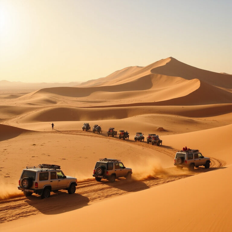 Pustynne safari w Marsa Alam – widok na wydmy i jeepy