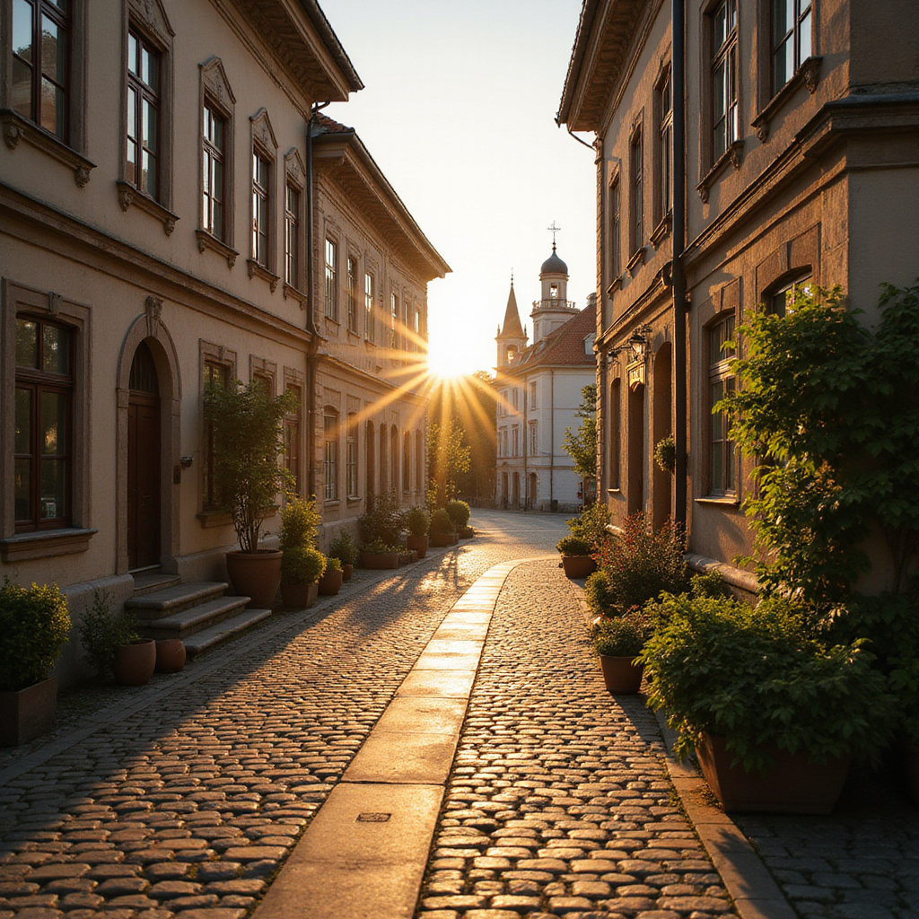 Ulica w Jelgawie prowadząca do pałacu z widocznymi zabytkowymi kamienicami
