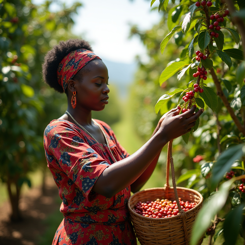 Kobieta zbierająca dojrzałe owoce kawy na plantacji w Kenii