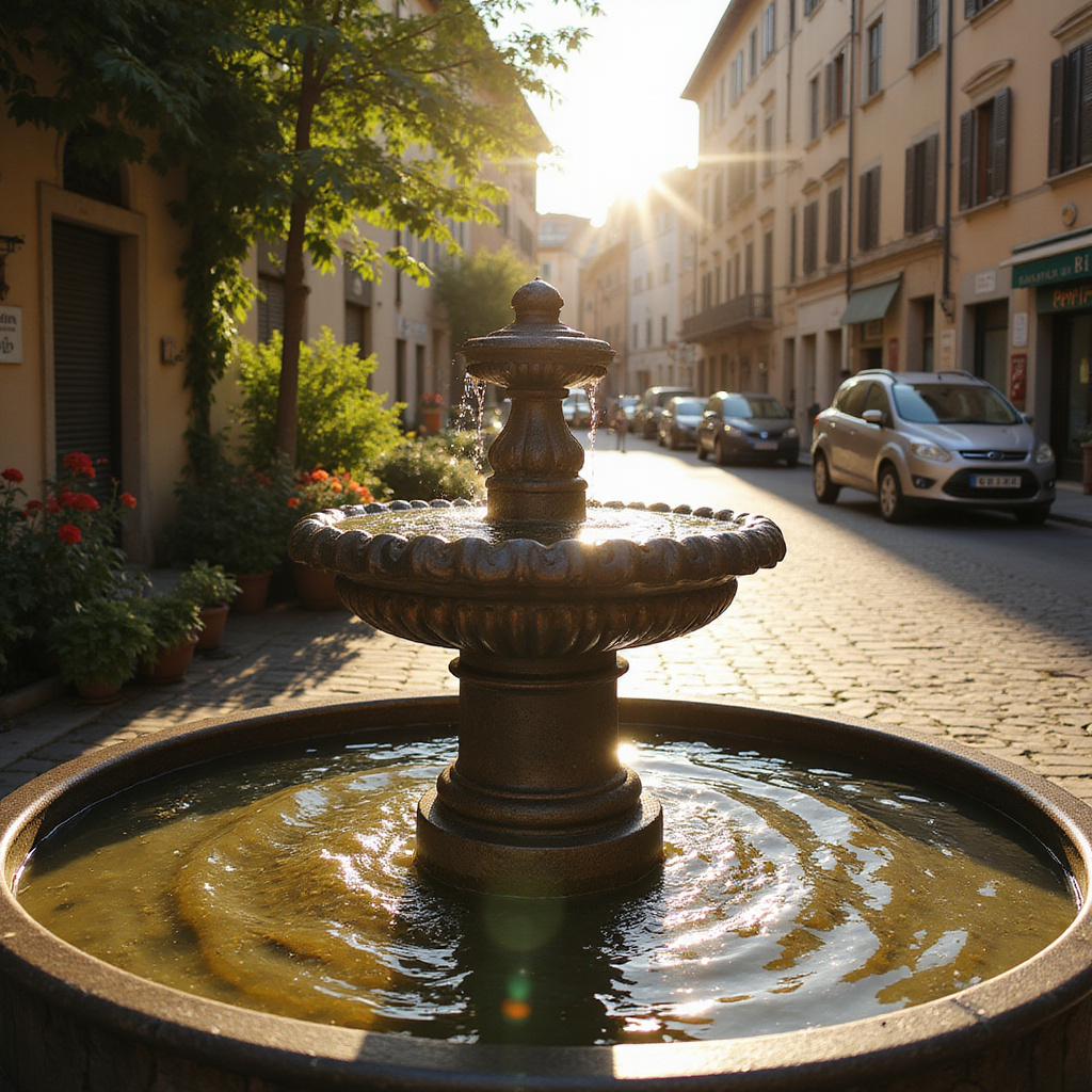 Nasoni w Rzymie - żeliwna fontanna z charakterystycznym kształtem wylewki na tle rzymskiej ulicy