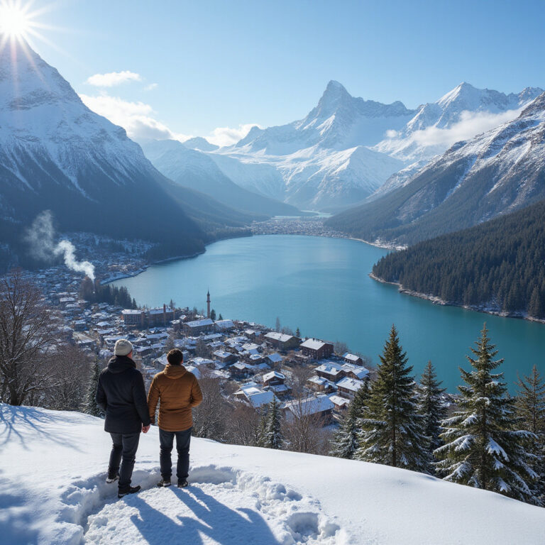 Zimowy krajobraz alpejskiego kurortu z drewnianymi chatami otoczony ośnieżonymi szczytami i turystami pijącymi grzane wino