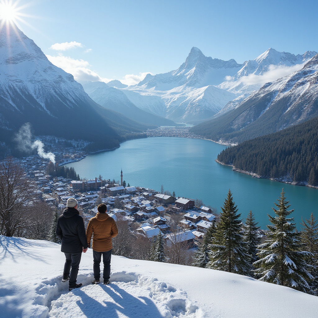 Zimowy krajobraz alpejskiego kurortu z drewnianymi chatami otoczony ośnieżonymi szczytami i turystami pijącymi grzane wino