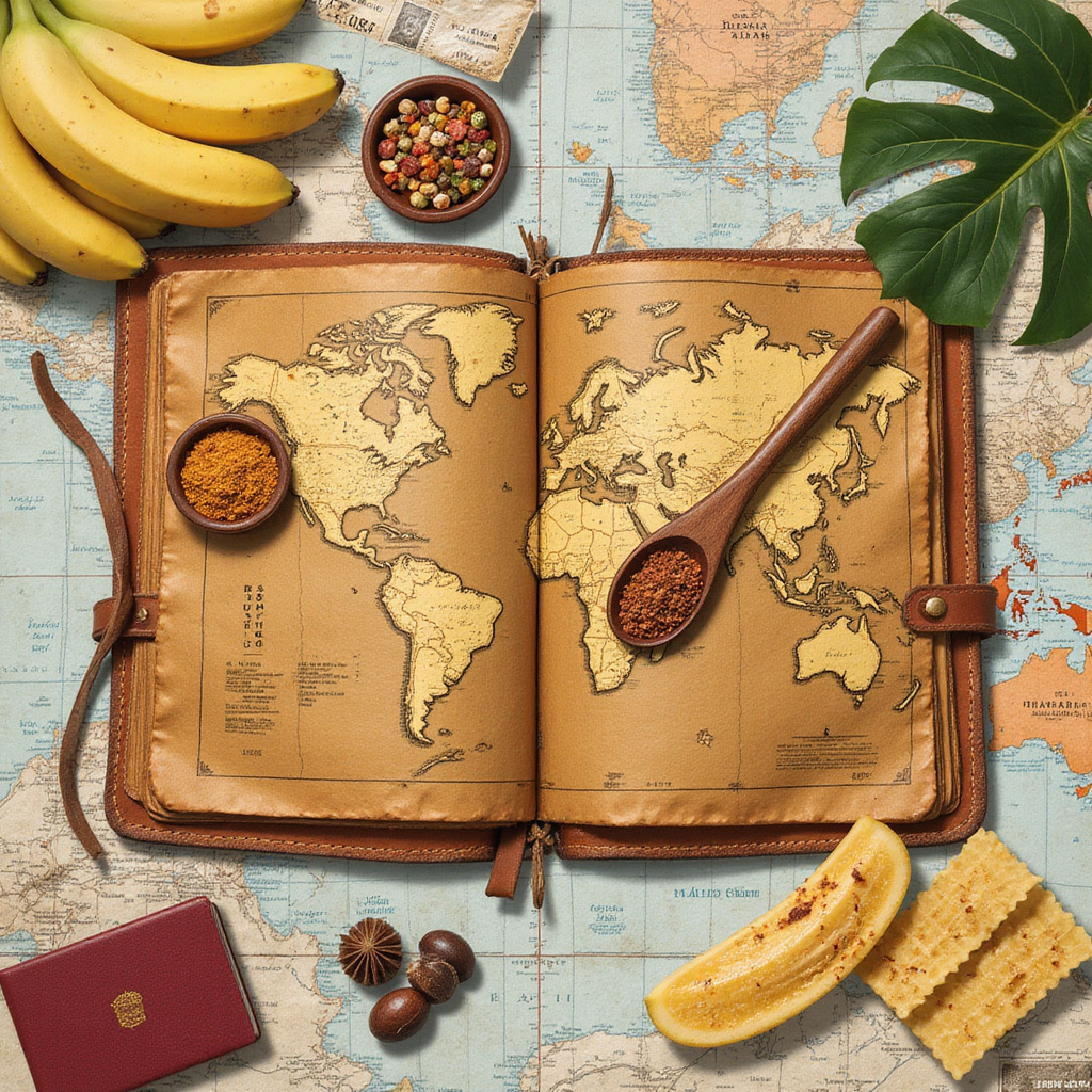 Talerz z tradycyjnymi potrawami z różnych stron świata ustawiony na tle mapy z zaznaczonymi kulinarnymi szlakami