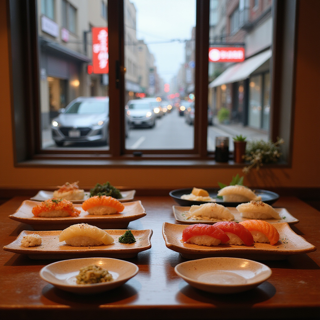 Tradycyjne japońskie sushi w restauracji z widokiem na ulicę