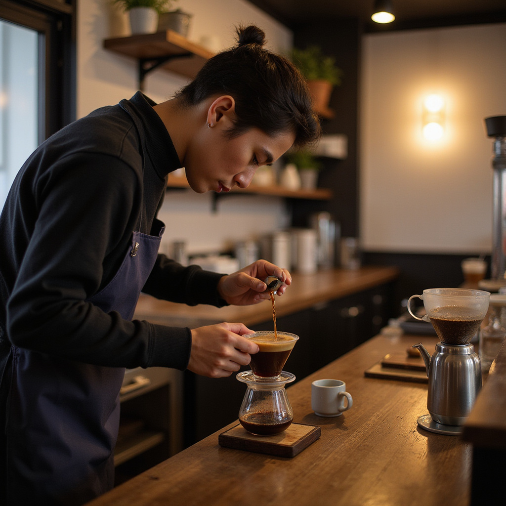 Barista przygotowujący kawę metodą pour-over w tokijskiej kawiarni