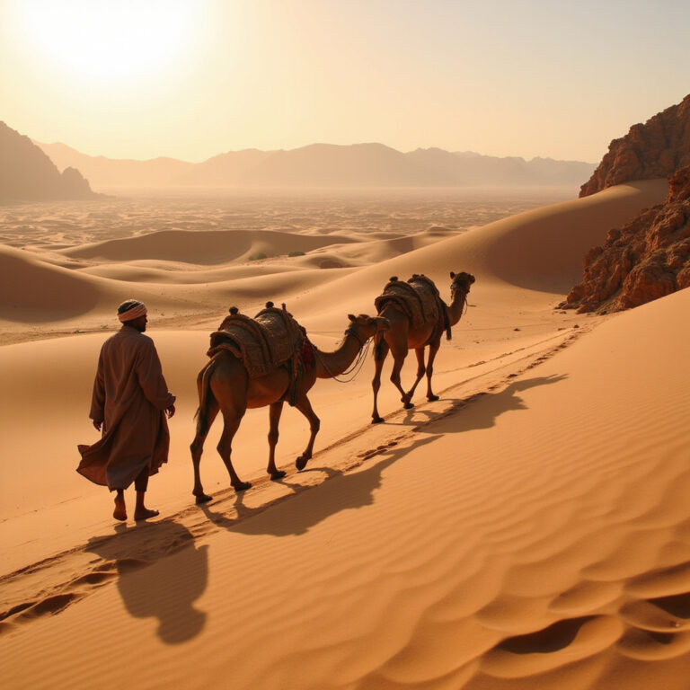 Beduiński przewodnik prowadzący karawanę przez pustynię Wadi Rum, złociste wydmy