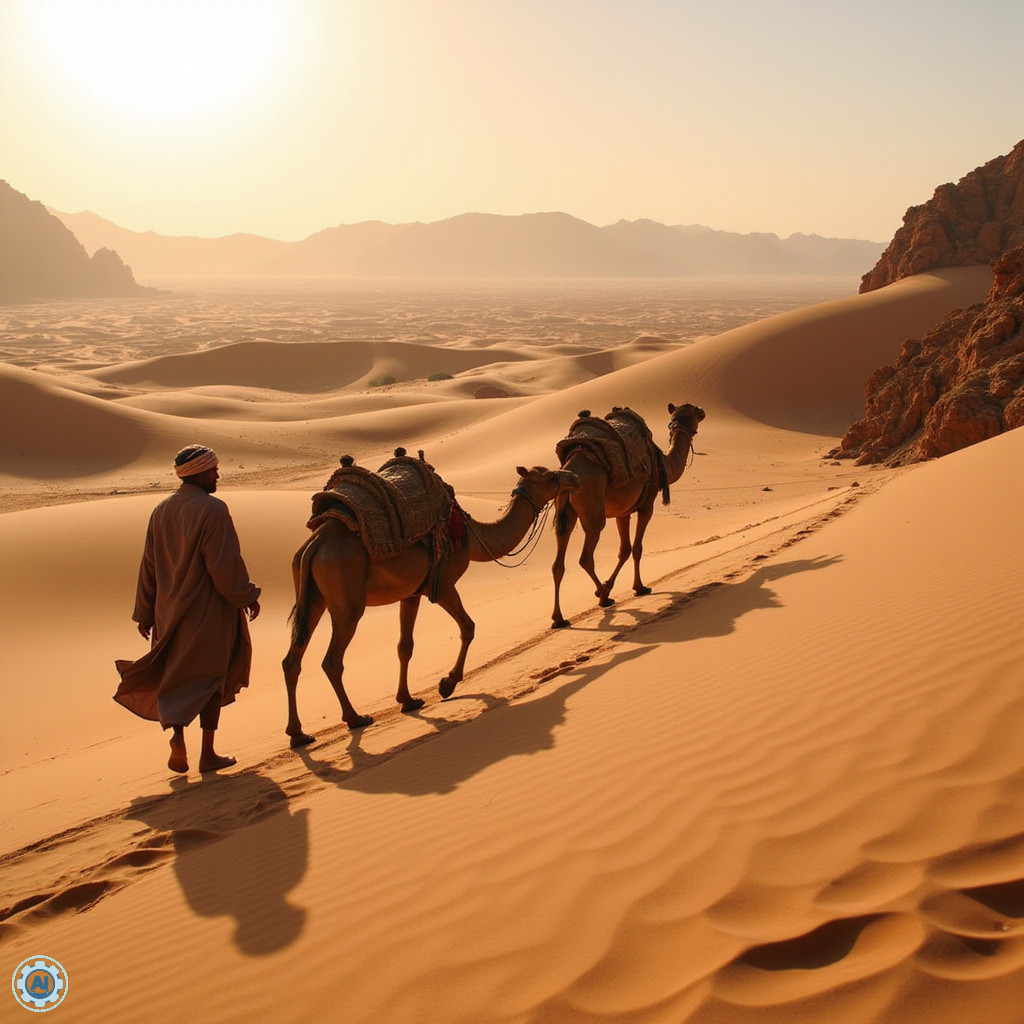 Beduiński przewodnik prowadzący karawanę przez pustynię Wadi Rum, złociste wydmy