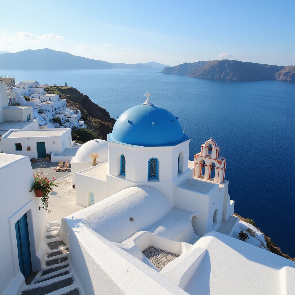 Białe domki i błękitne kopuły Santorynu na tle morza