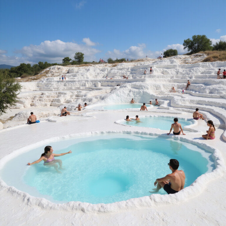 Białe tarasy Pamukkale z turystami korzystającymi z wód termalnych
